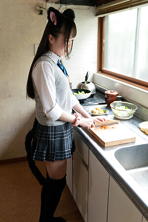 Japanese girl Ria Kurumi in school skirt and cat ears let her boyfriend enjoy her pussy
