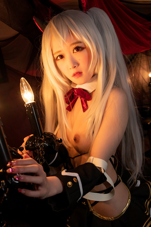 Japanese cosplayer Ria Kurumi in black stockings shows off her ass and shaved pussy